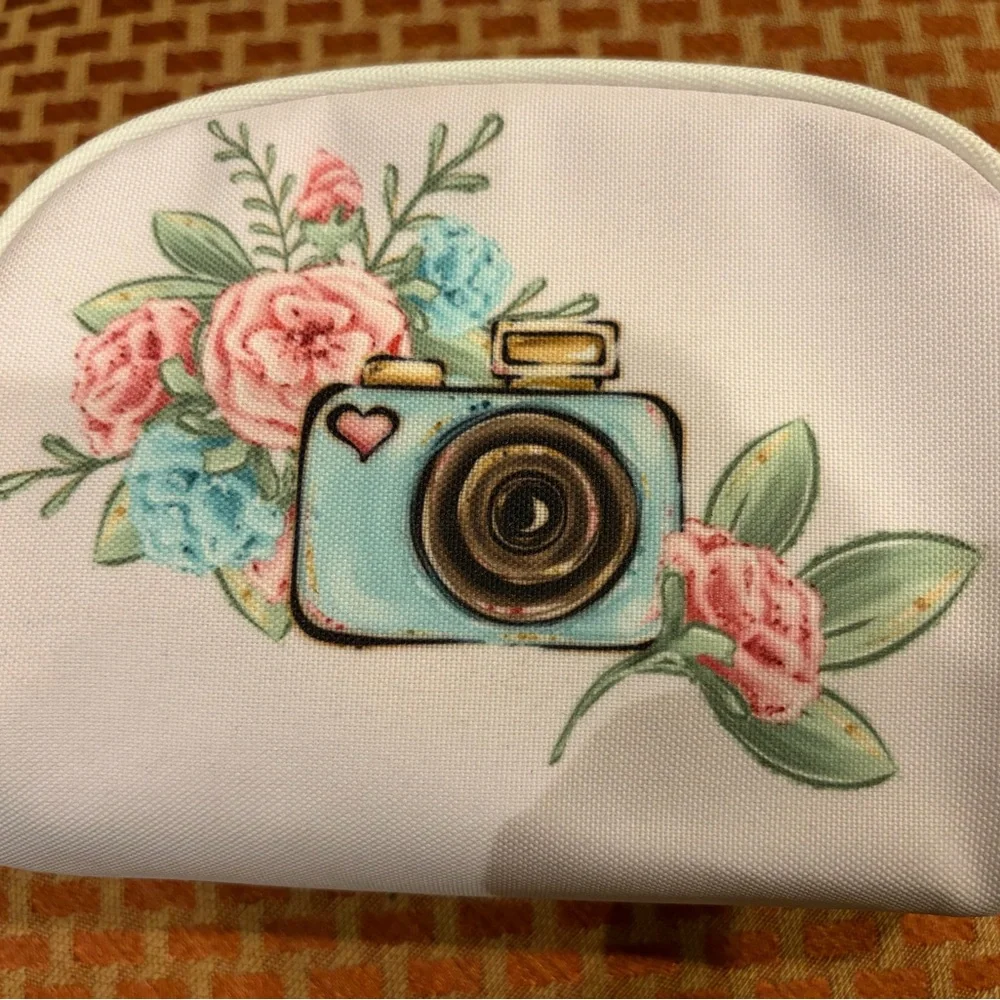 Floral Camera Cosmetic Pouch - White with Pink & Blue Accents